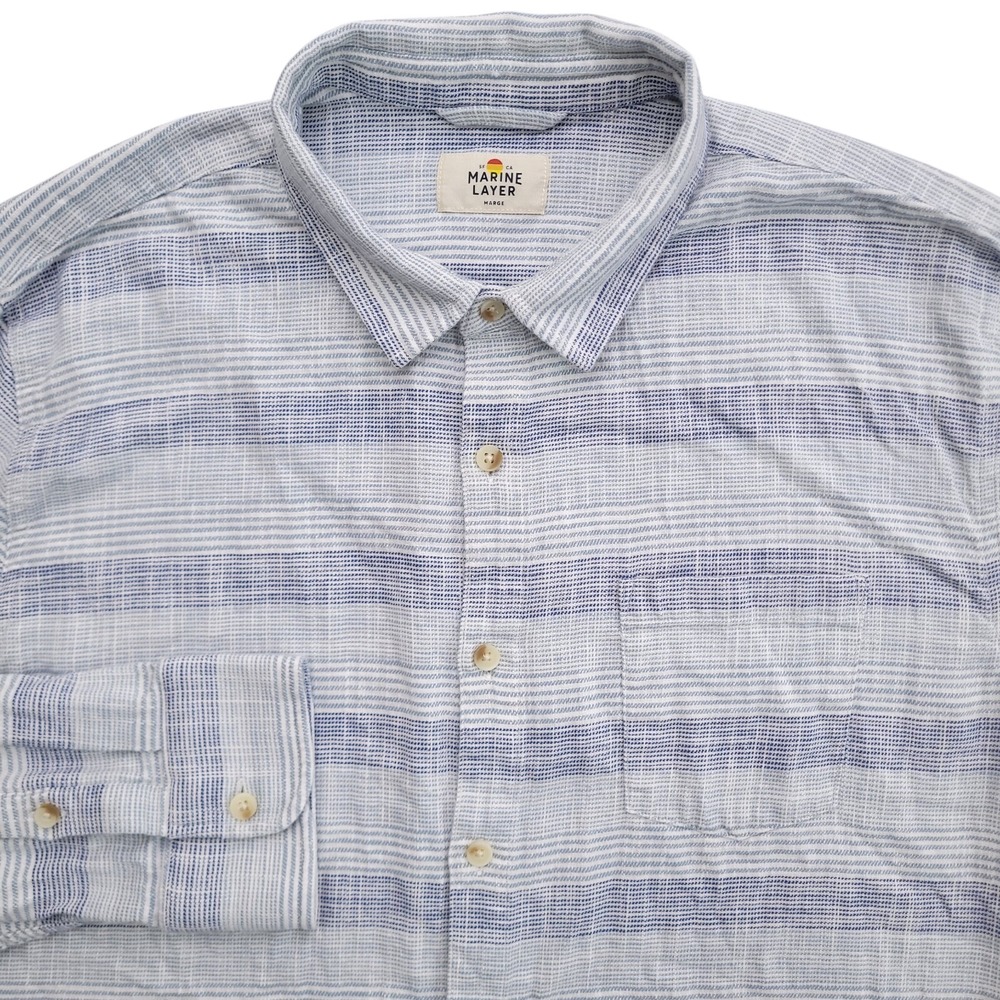 Marine Layer‎ Shirt Mens L Stretch Selvage Blue Stripe Button Up Marge